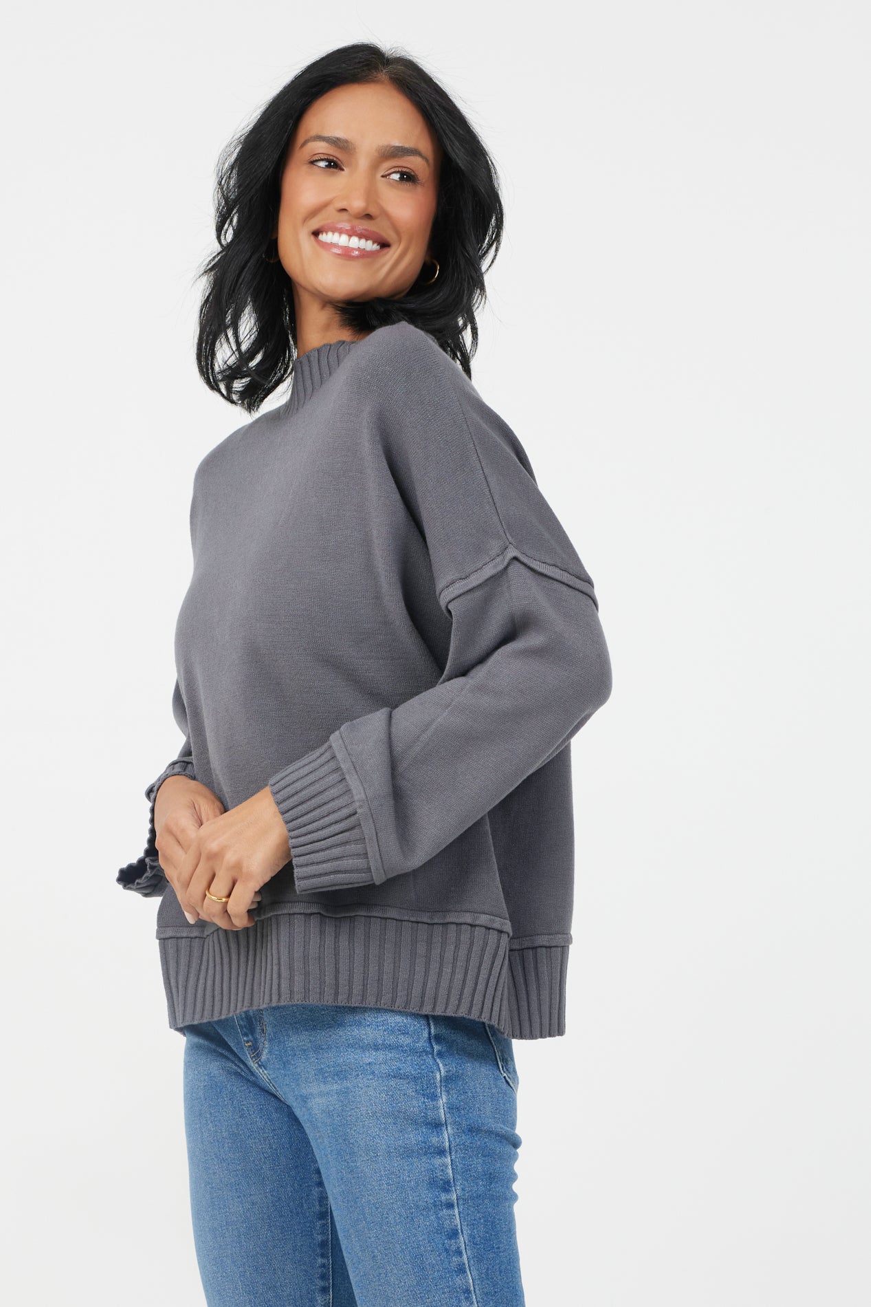 Florenza Turtle Neck Rib Detail Knit Sweater - Smoke Grey