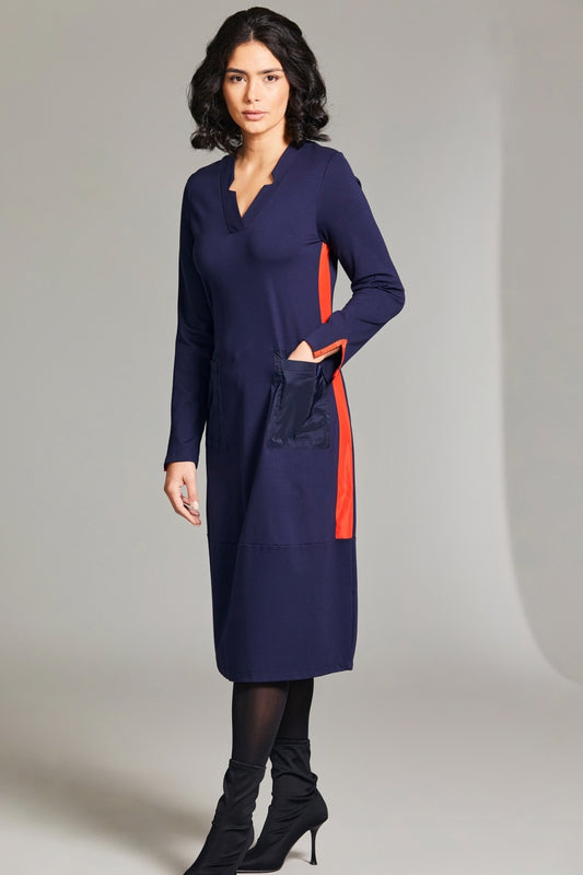 Navy Taffeta Pocket Dress